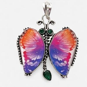 Fancy Dichroic Glass & Green Quartz Butterfly 2.3” Pendant